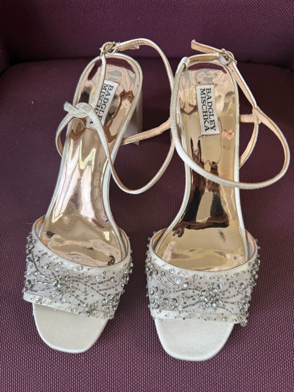 Badgley Mischka Ivory Satin Crystal Embellished Ankle-Strap Heels